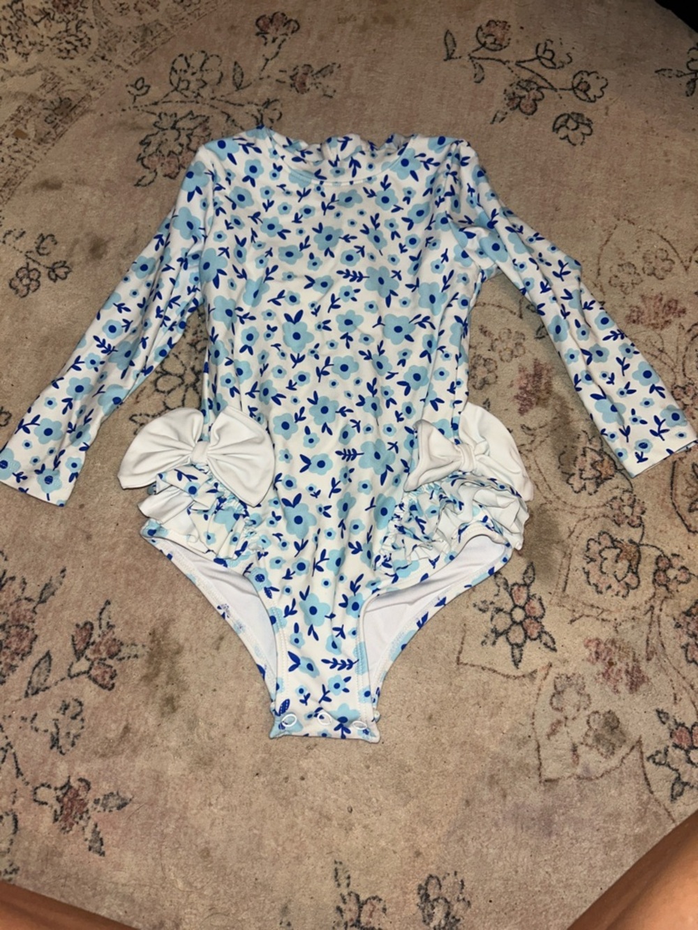 Girls' Floral Blue Long-Sleeve One-Piece Swimsuit with Side Bows